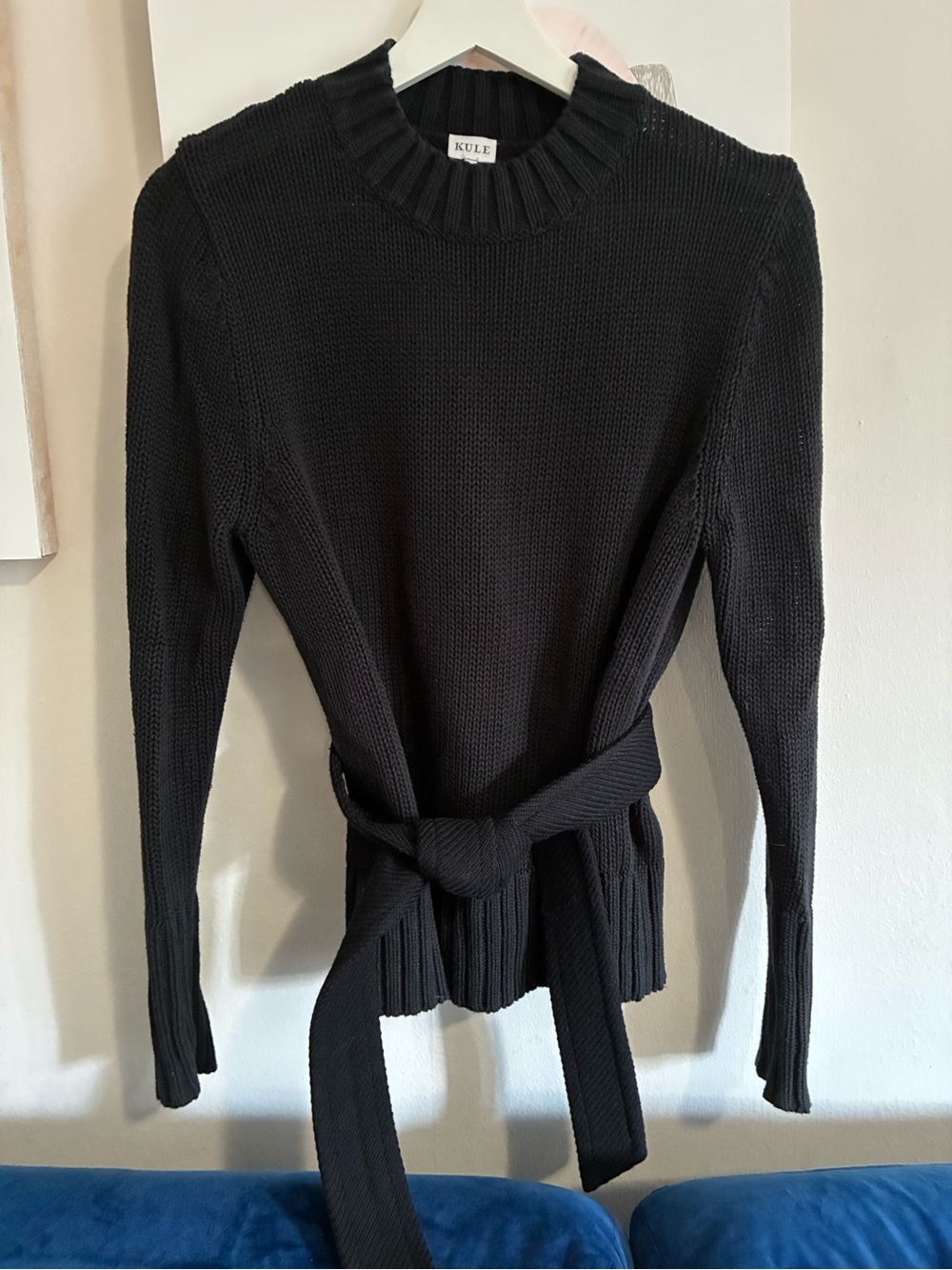 KULE Black Crewneck Belted Knit Sweater